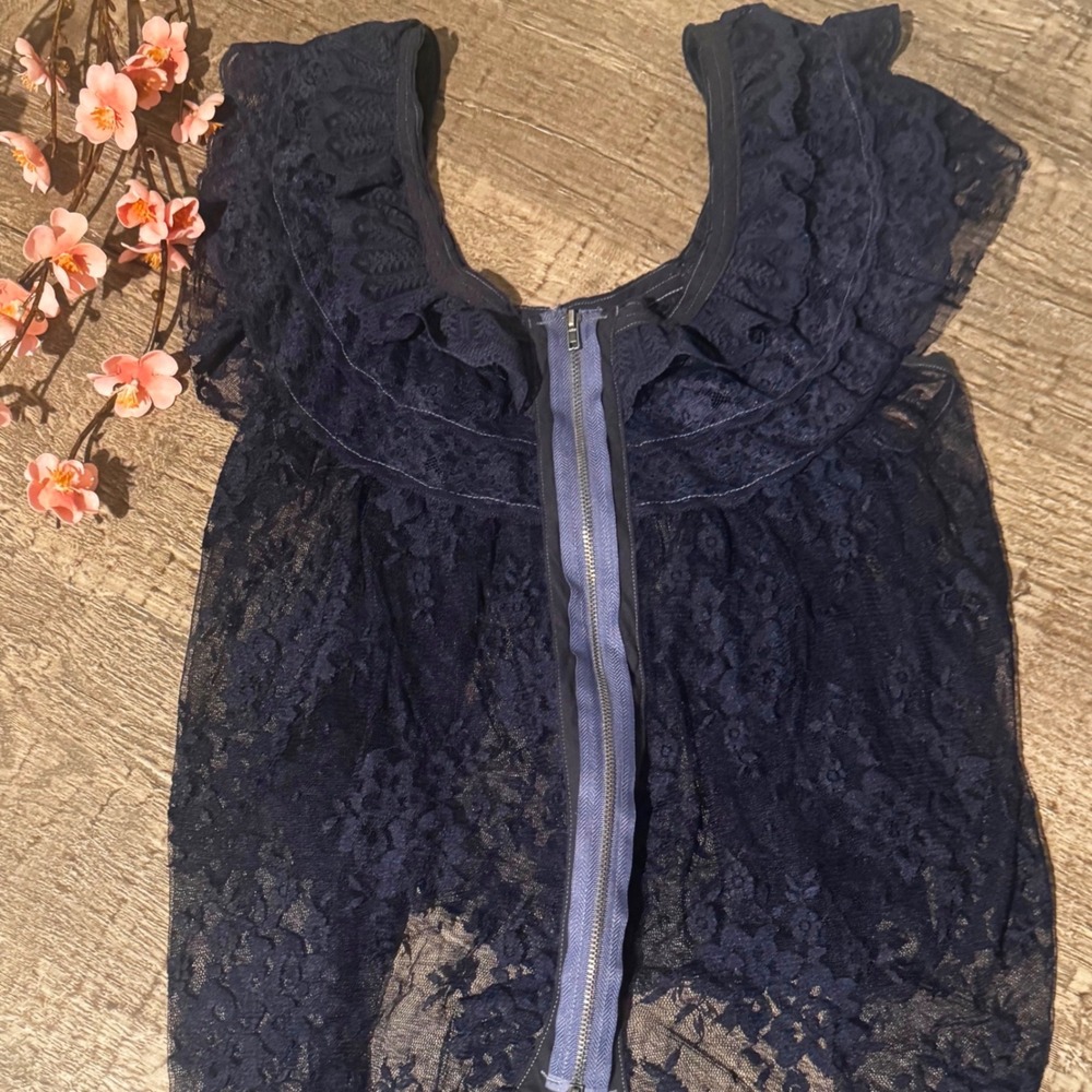 Free People Lace Ruffle Top Navy Blue Two Way Zip Romantic Gothic Boho Small